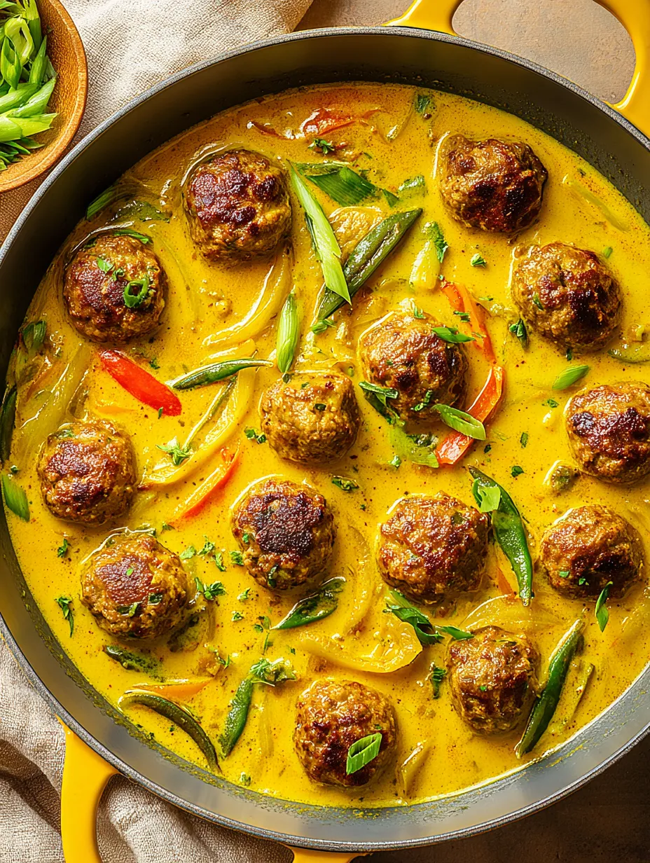 A bowl of meatballs in a yellow sauce.