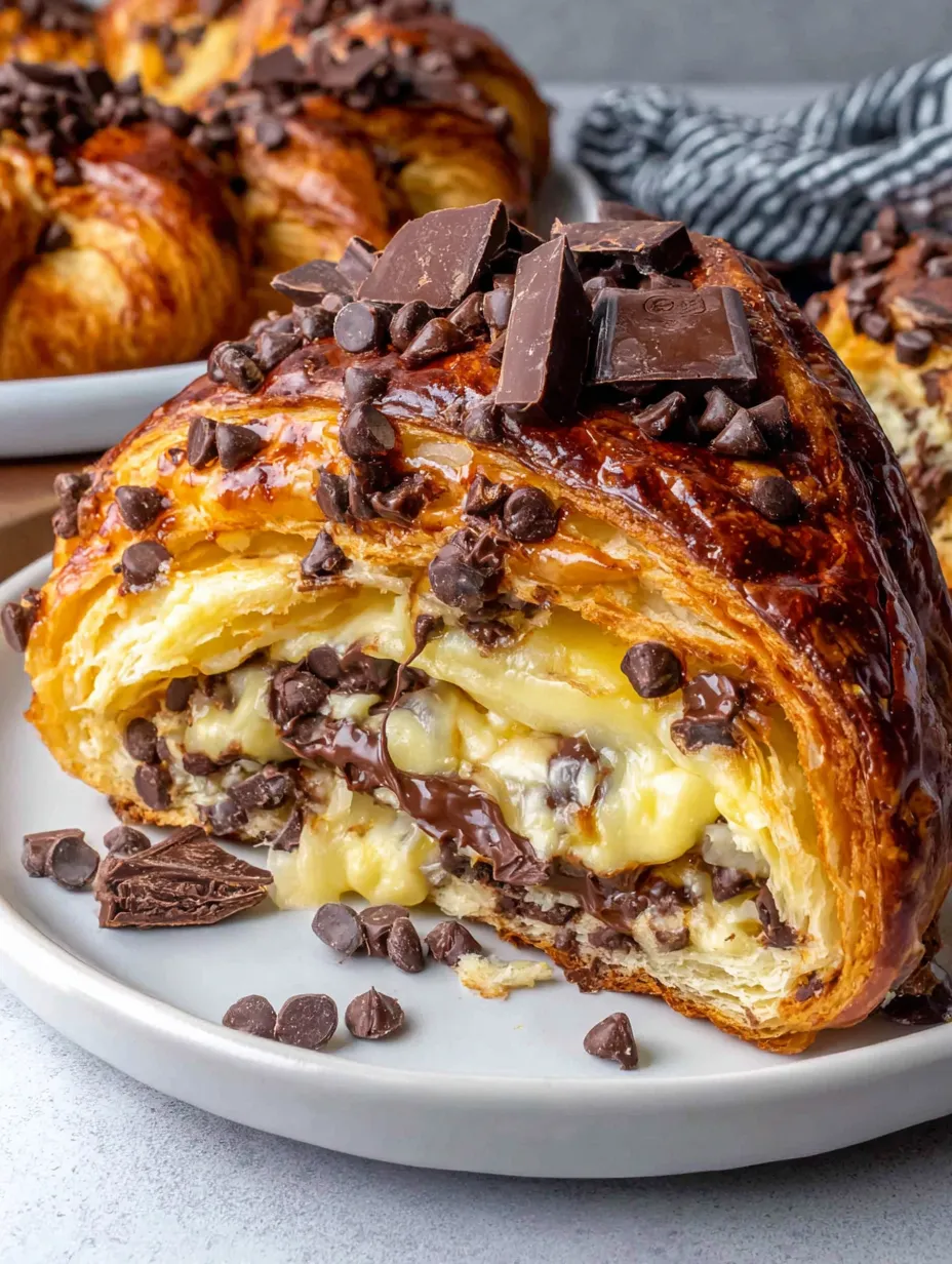 A pastry with chocolate drizzled on top.