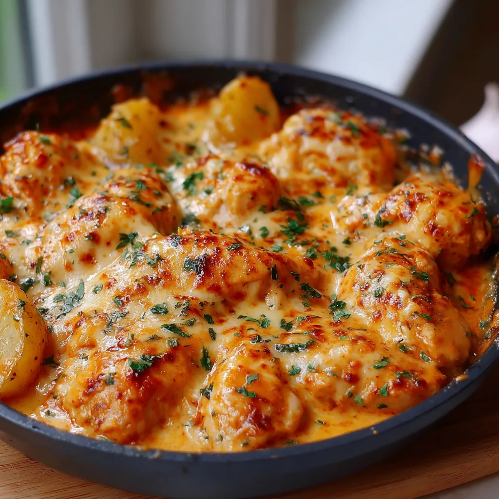 A bowl of food with chicken and potatoes.