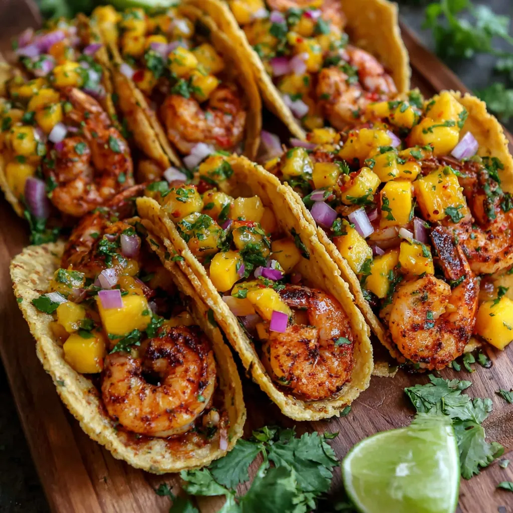 A wooden board with four shrimp tacos on it.
