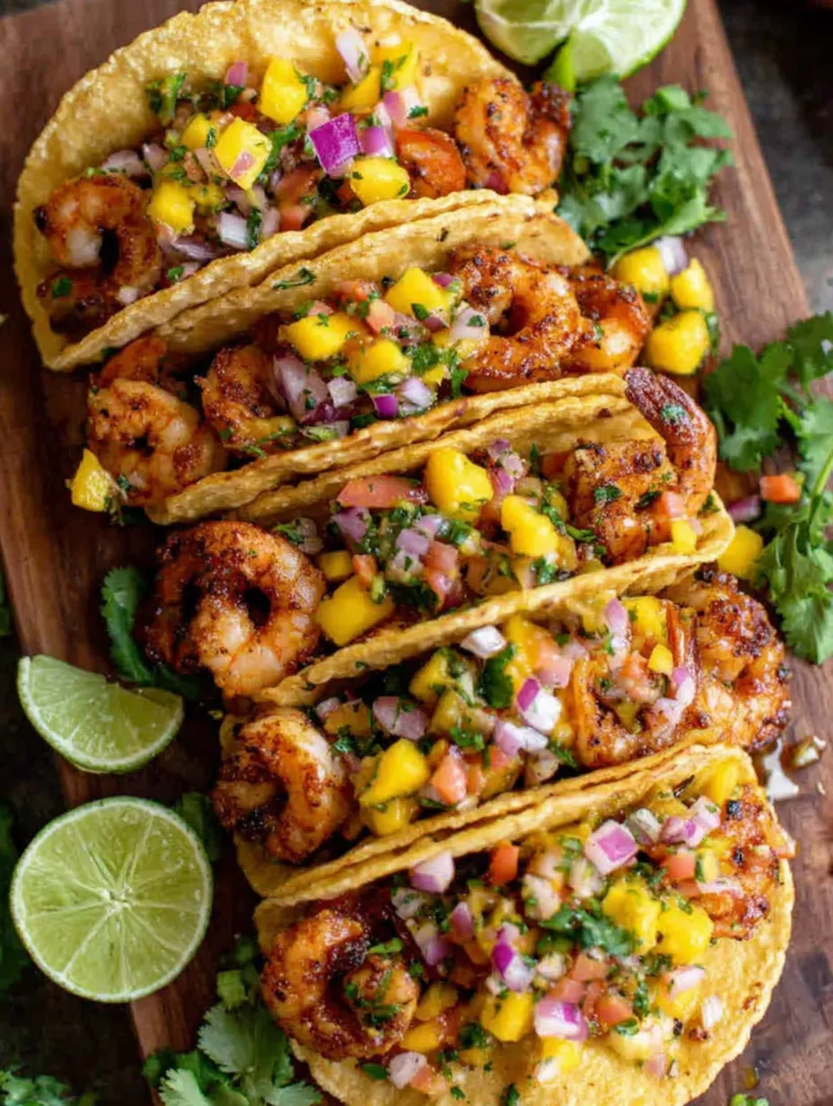 A plate of shrimp tacos with a variety of toppings.