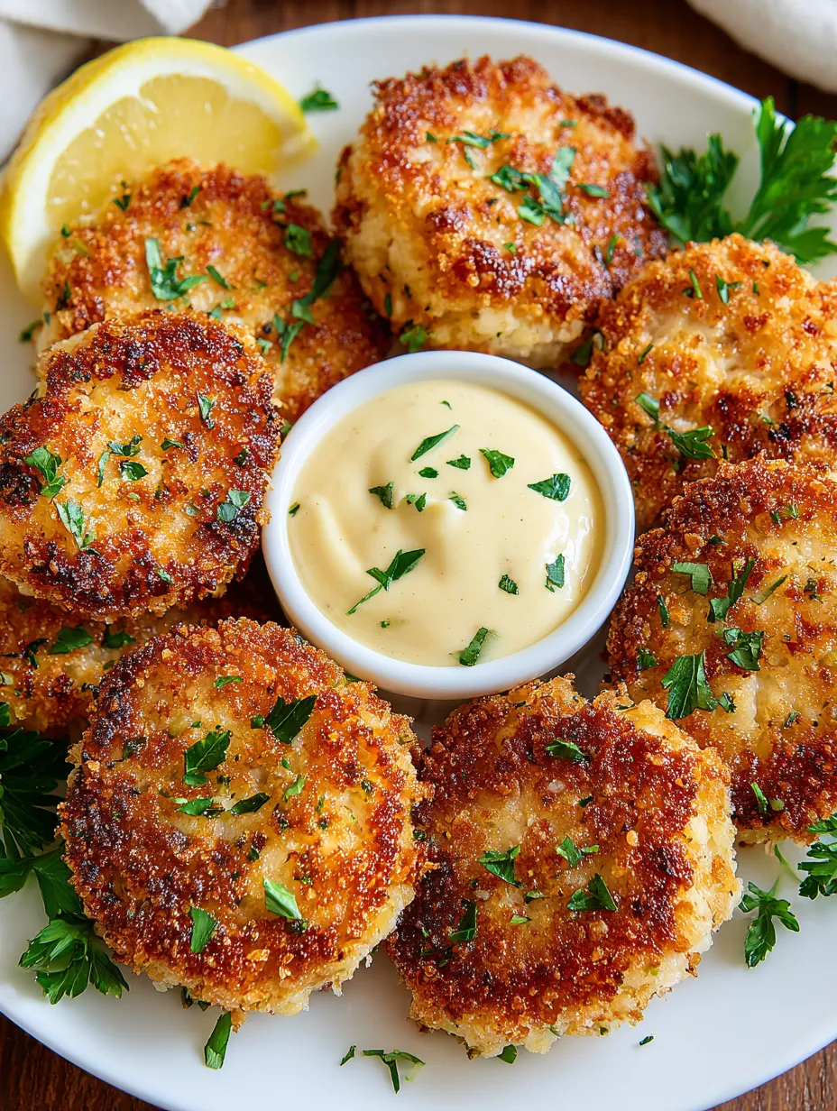 A plate of crab cakes with a bowl of dipping sauce.