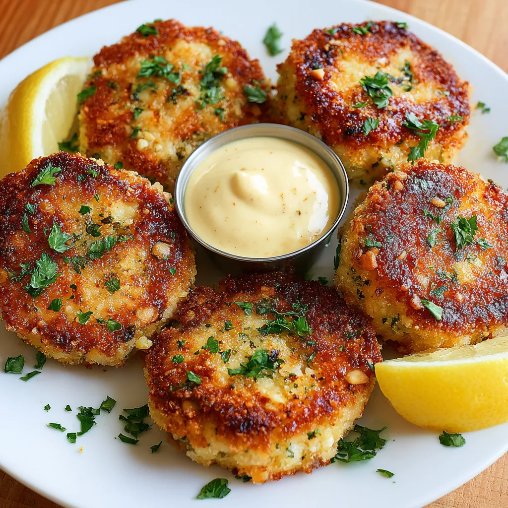 A plate of crab cakes with a lemon wedge.