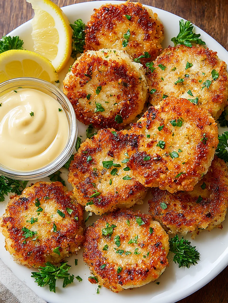 A plate of crab cakes with a lemon wedge on the side.