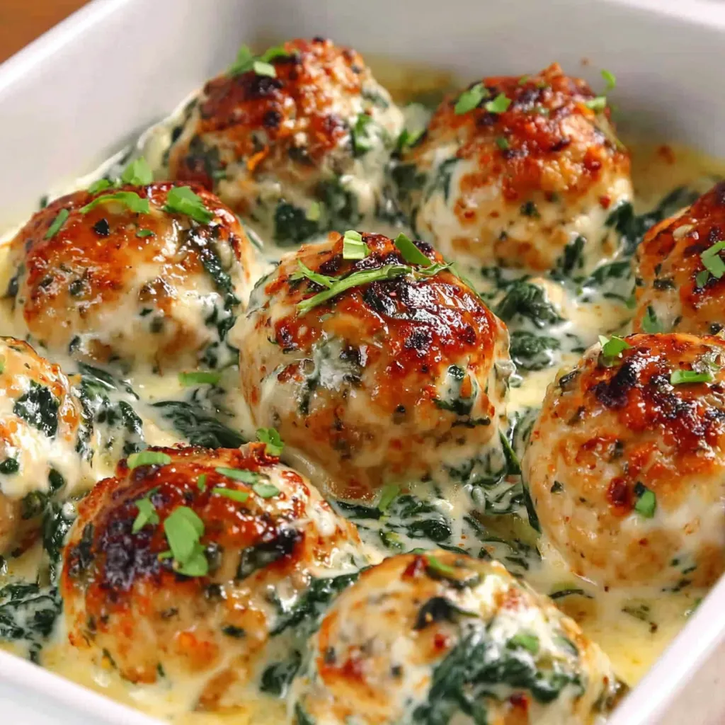 A white bowl filled with meatballs and greens.