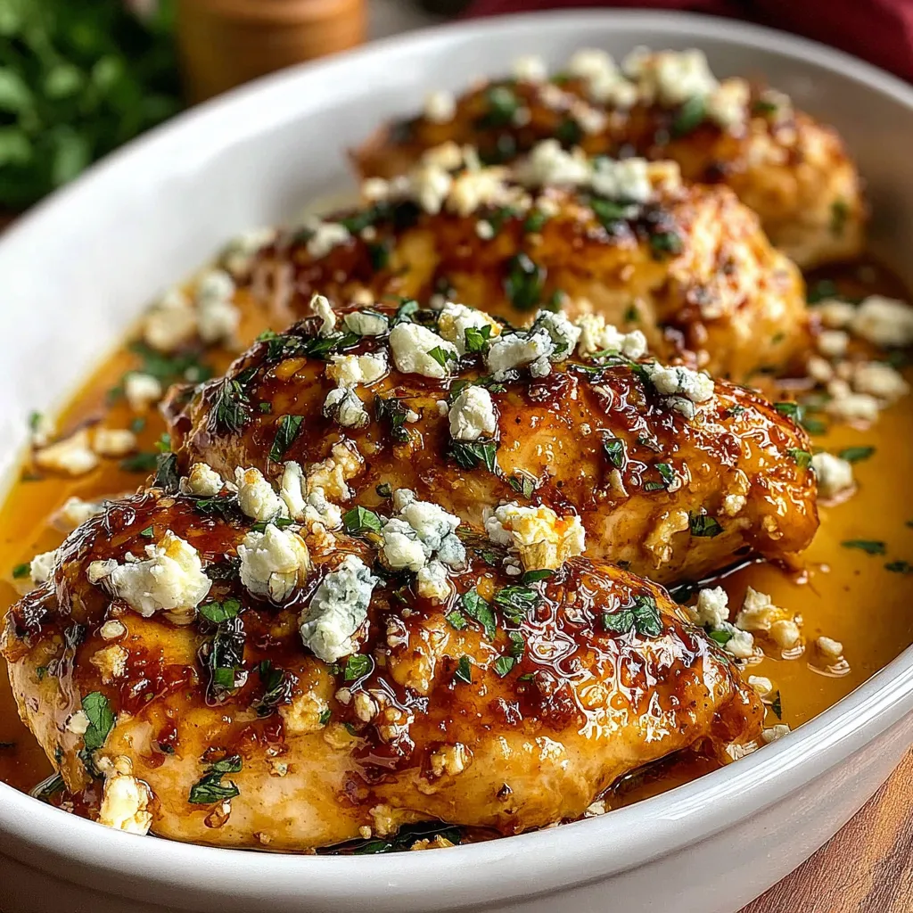 A bowl of chicken with blue cheese on top.