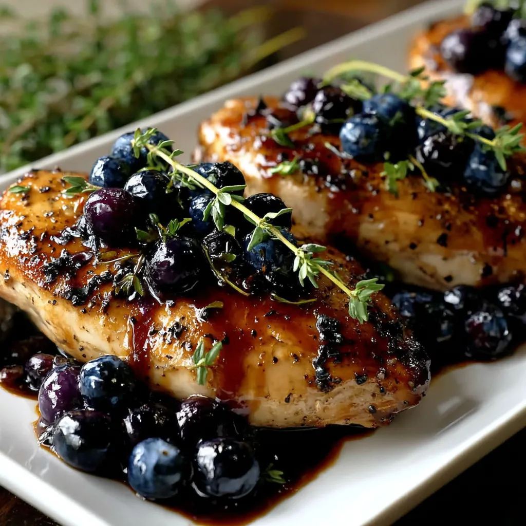 A plate of chicken with blueberries on top.