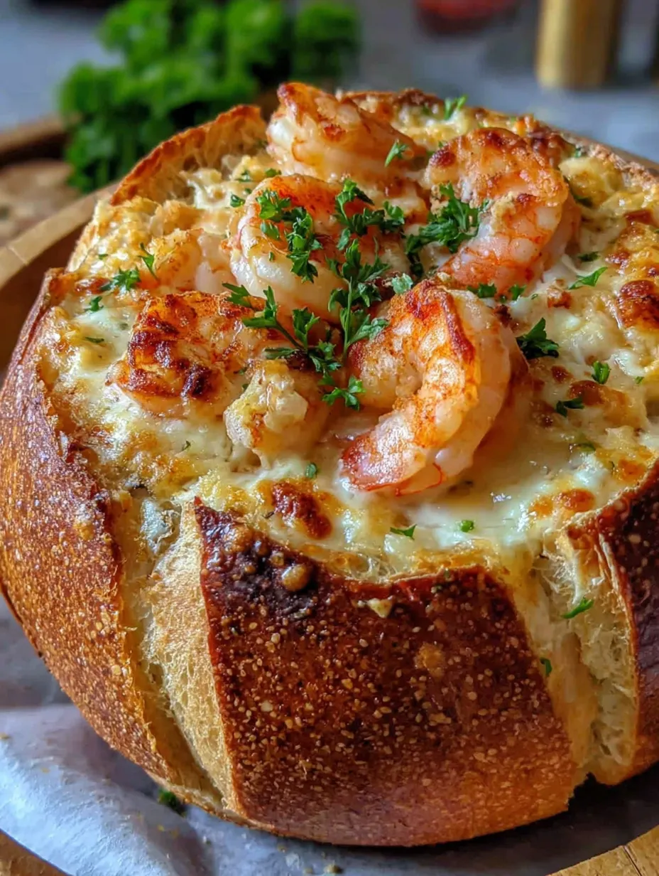 A baked bread bowl filled with shrimp and cheese.