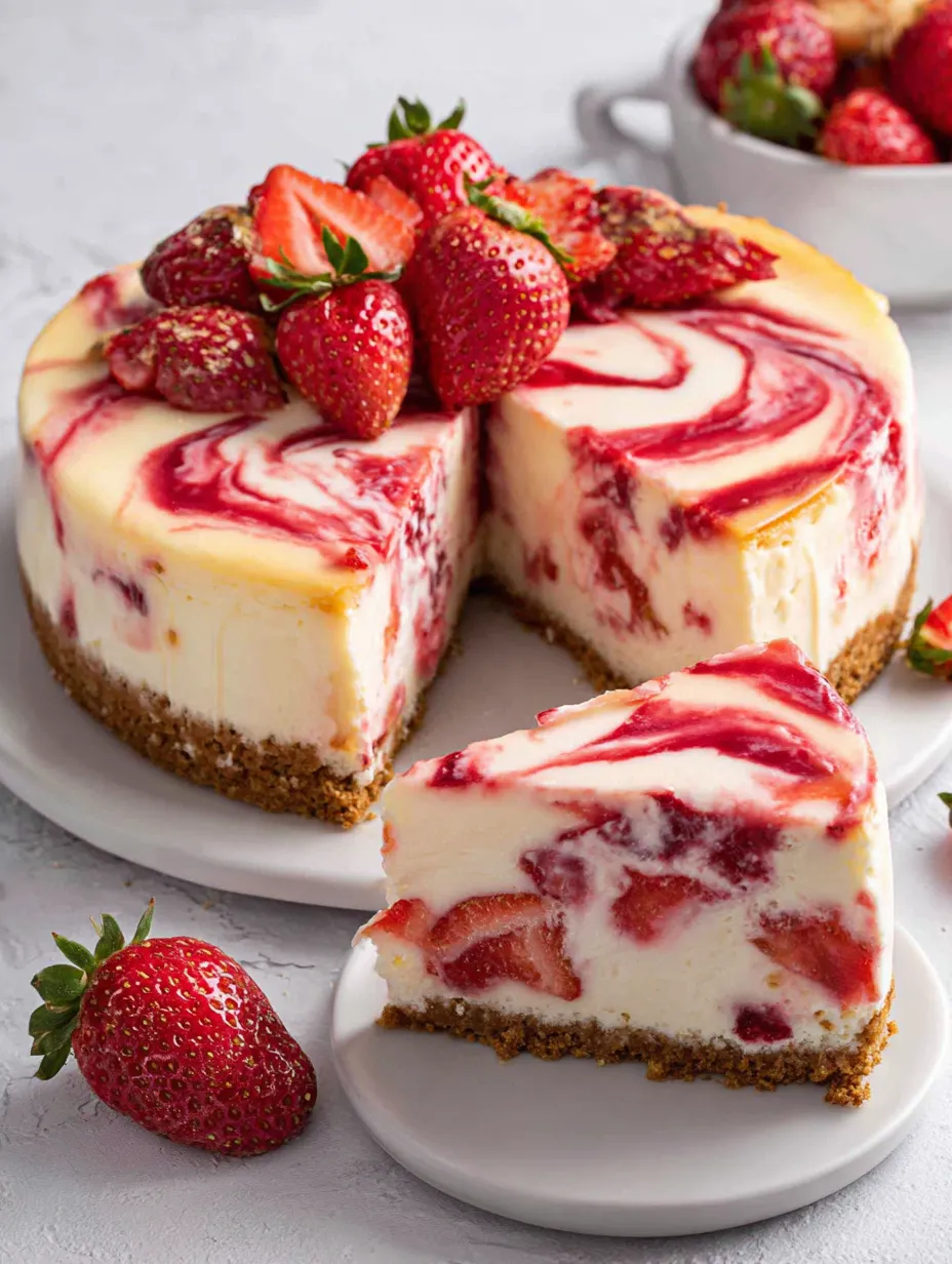 A slice of cheesecake with strawberries on top.