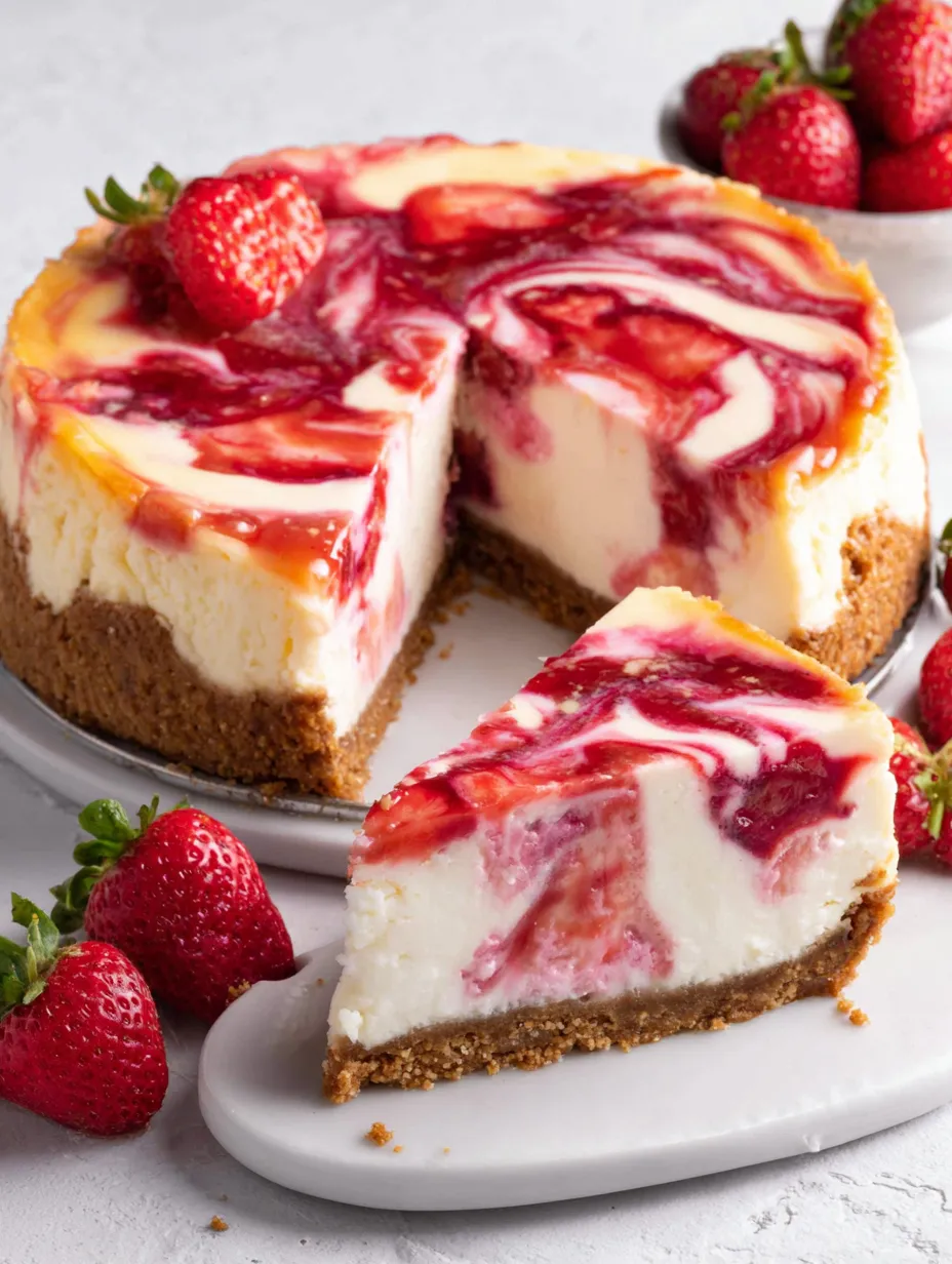 A slice of strawberry cheesecake.