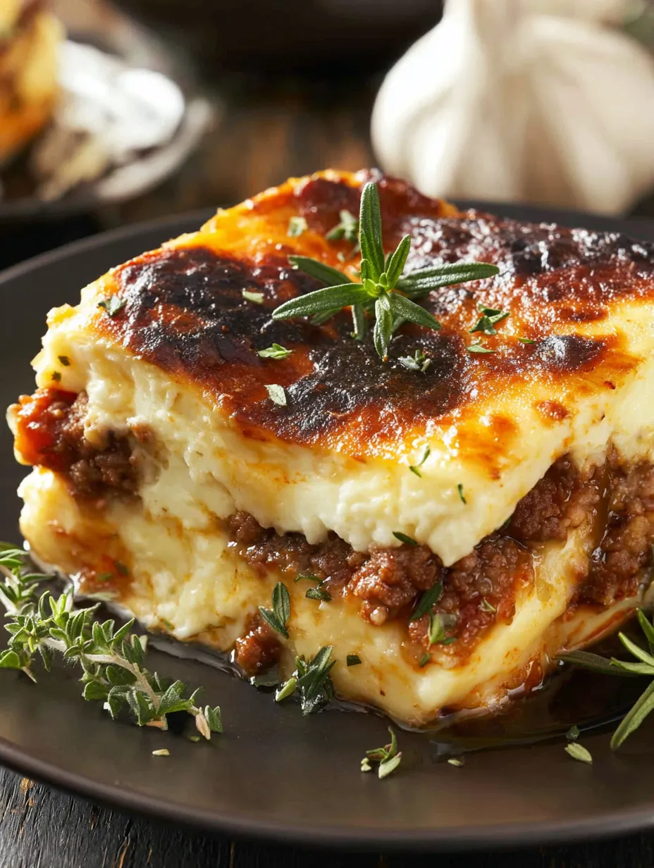 A slice of lasagna with a green herb on top.