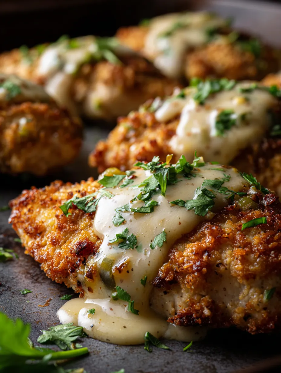 Chicken with sauce on a plate.