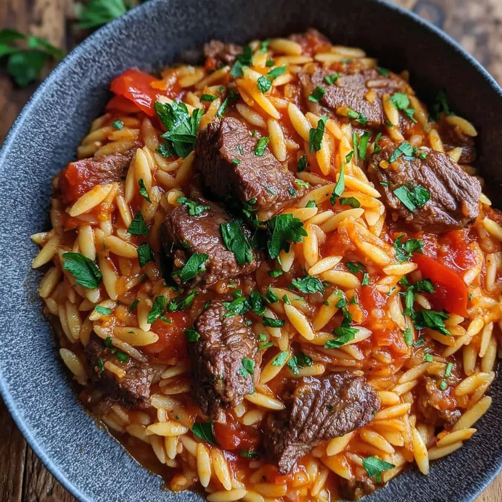 A bowl of pasta with meat and vegetables.