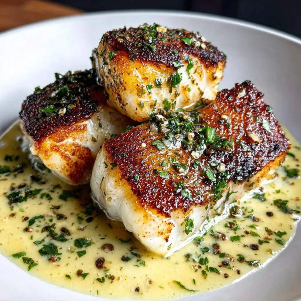 A plate of fish with a white sauce.