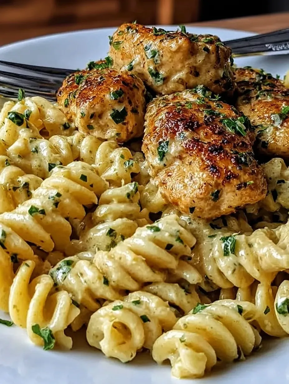 A plate of pasta with meatballs and parsley.