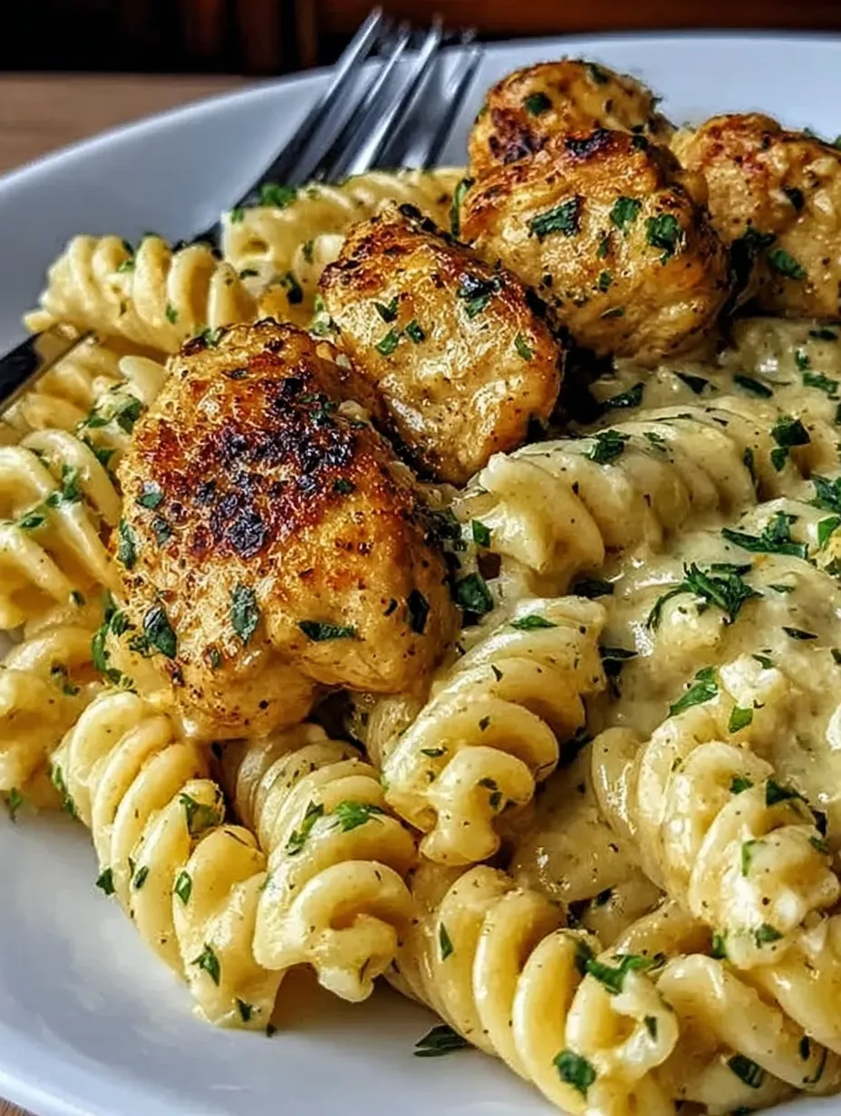 A plate of pasta with chicken and herbs.