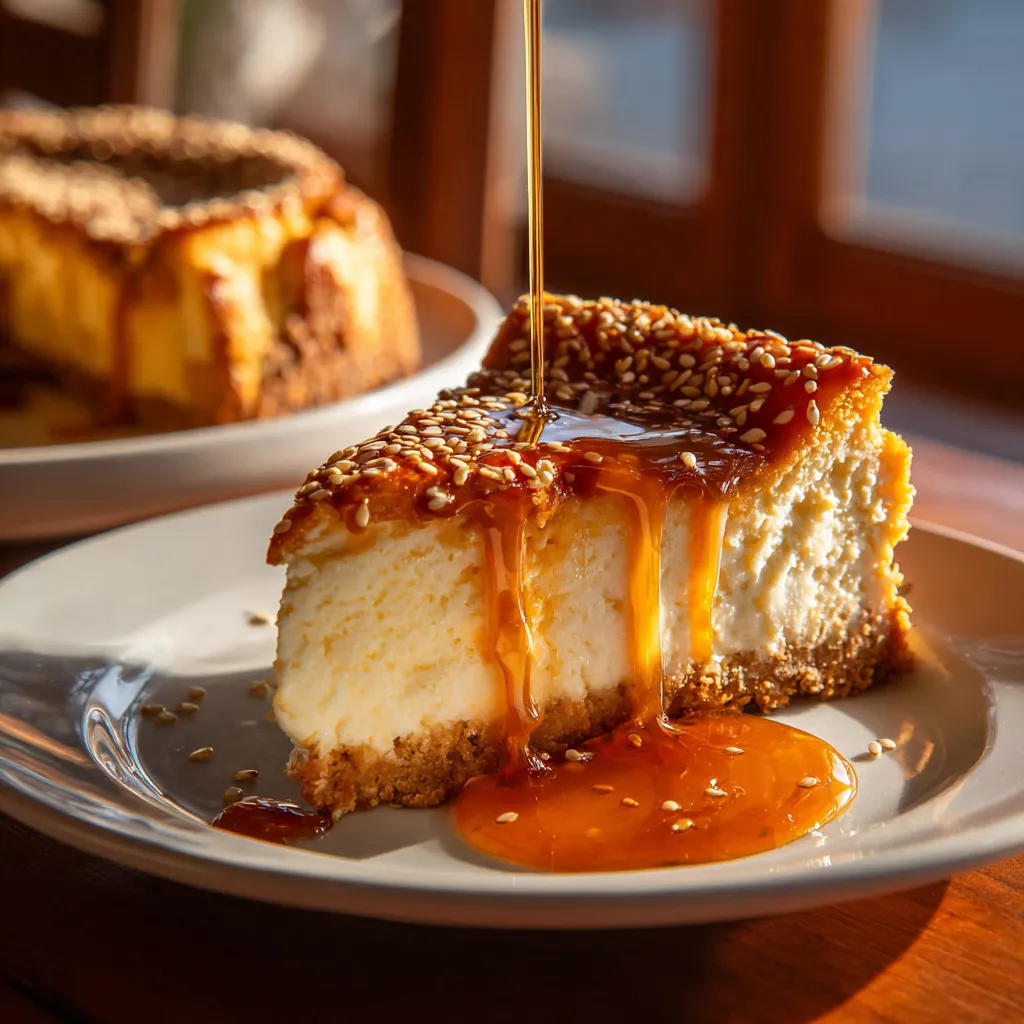 A slice of cake with syrup drizzled on top.
