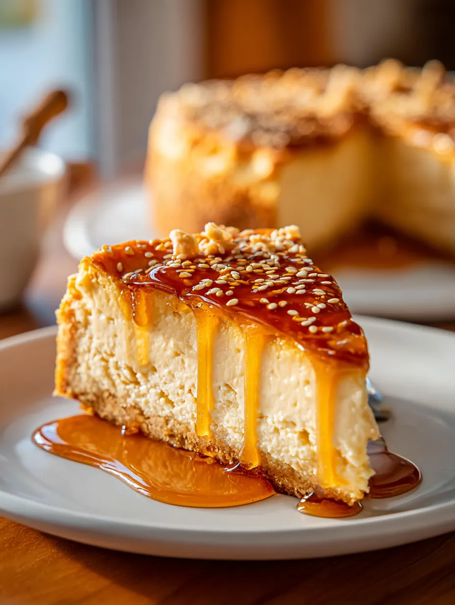 A slice of cake with caramel drizzled on top.