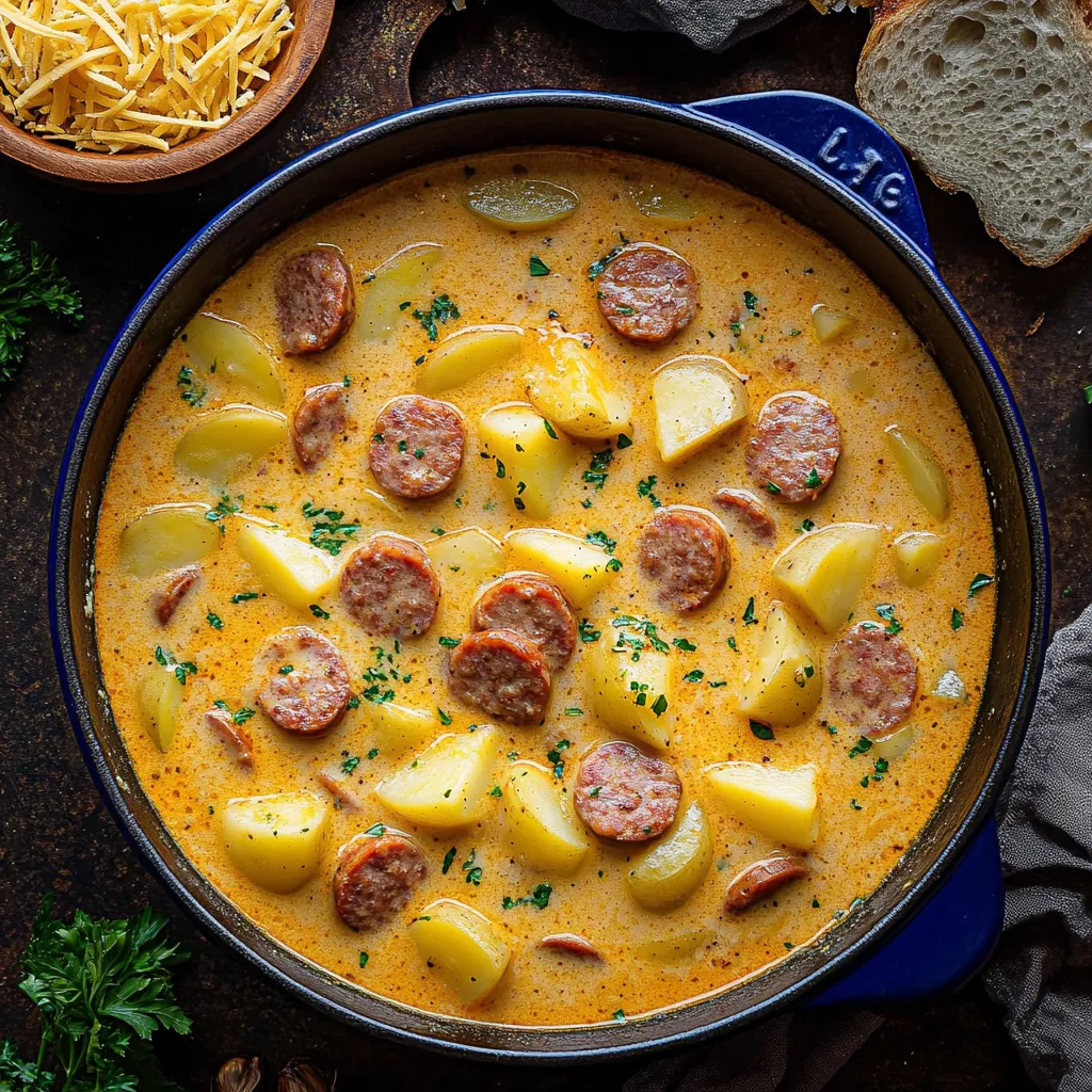 A bowl of soup with sausage and potatoes.