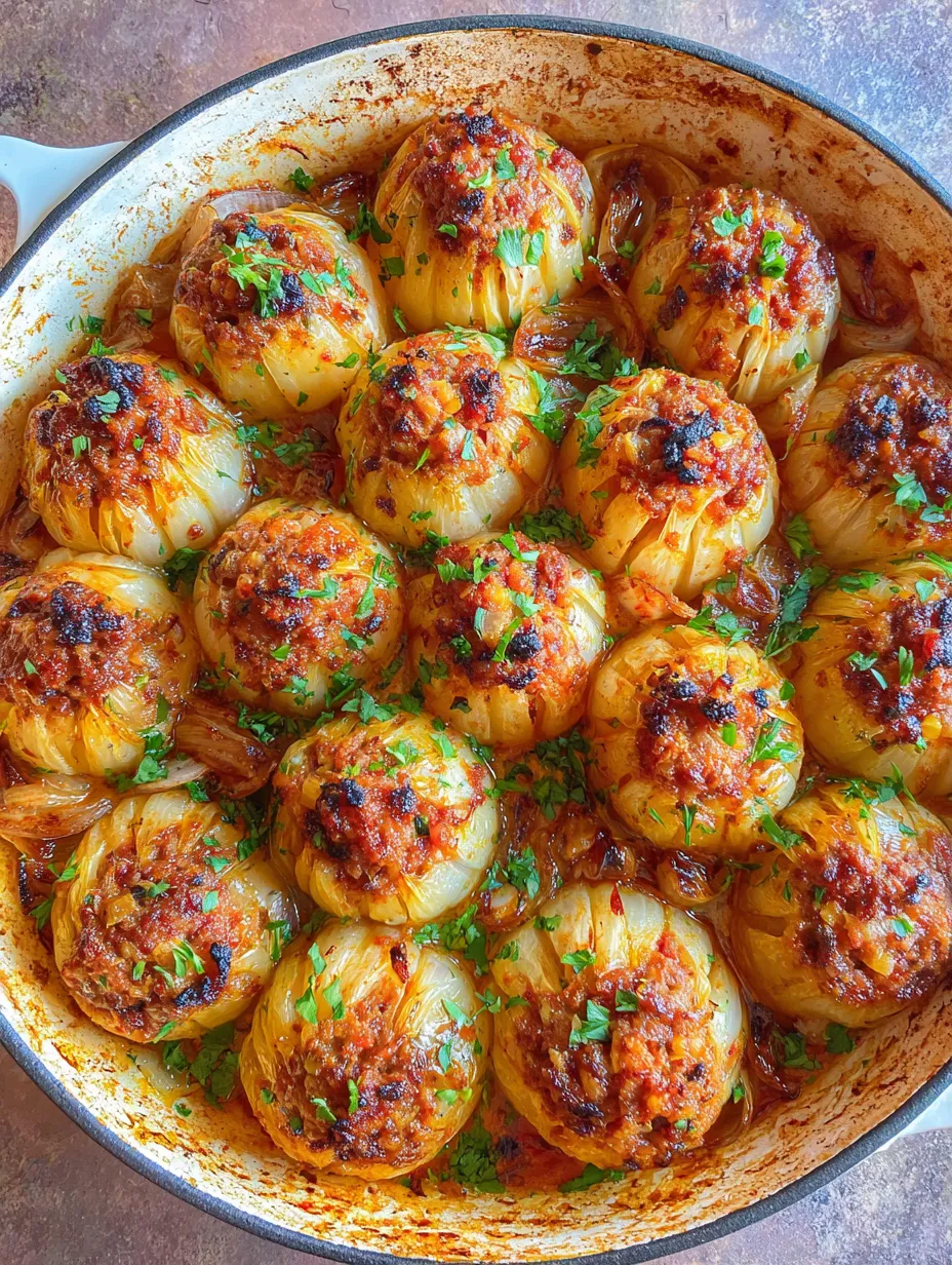 A bowl of food with onions and tomatoes.
