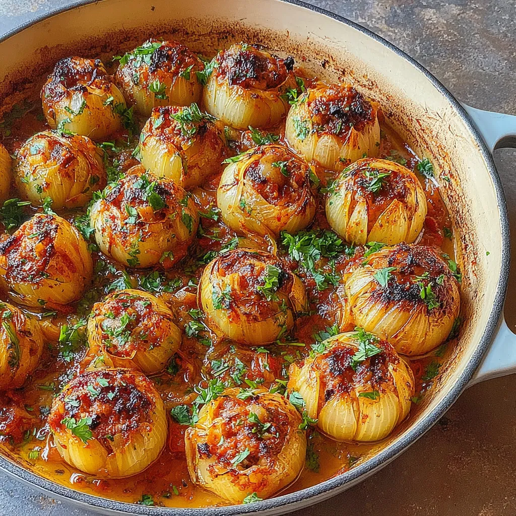 A pot of food with onions and garlic.
