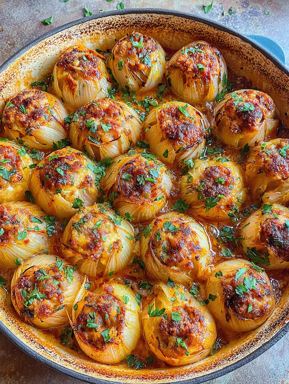 A pot of food with onions and garlic.