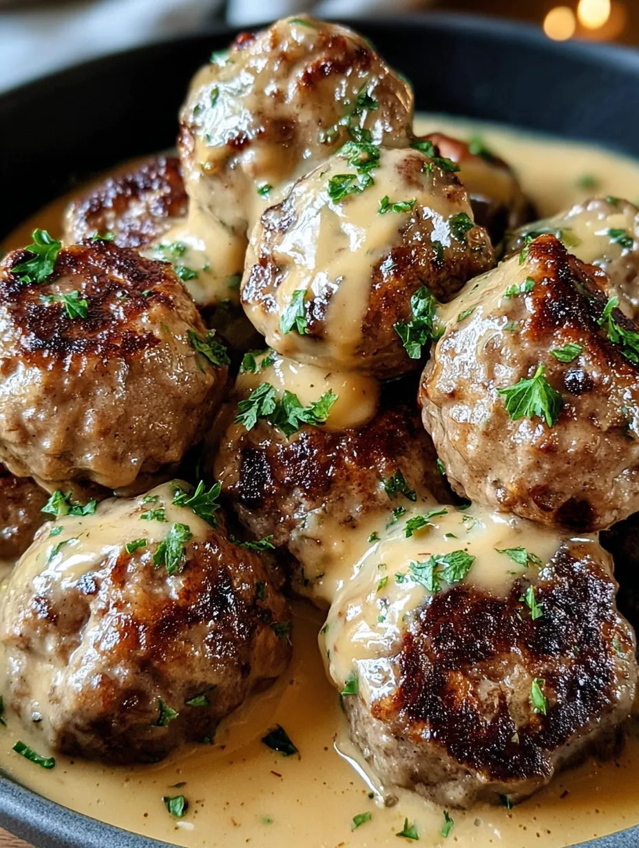 A plate of meatballs covered in gravy.