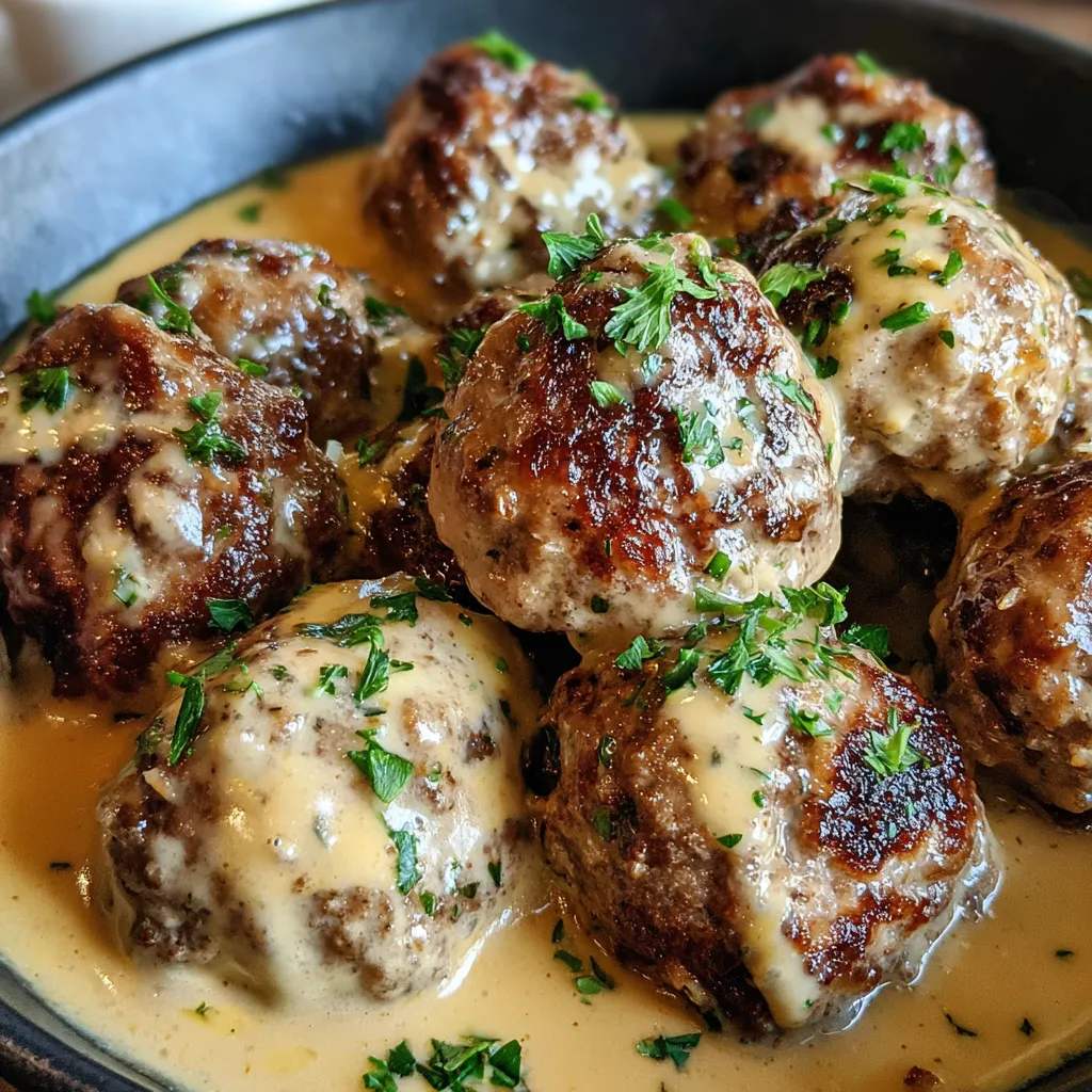 A bowl of meatballs in a creamy sauce.