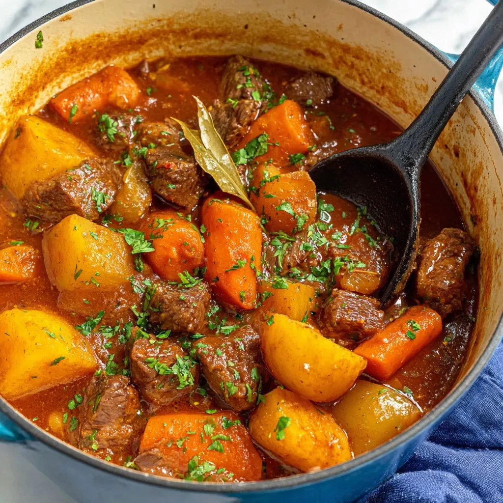 A pot of stew with meat and vegetables.