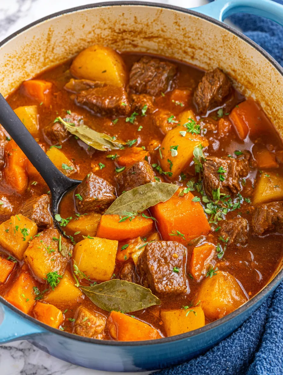 A bowl of stew with meat and vegetables.