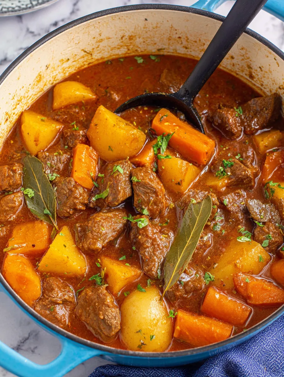 A bowl of beef stew with carrots and potatoes.