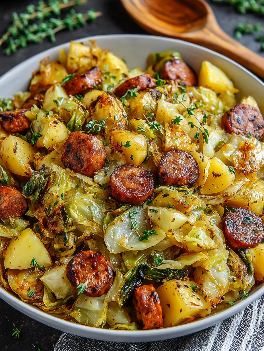 A bowl of sausage and vegetables.
