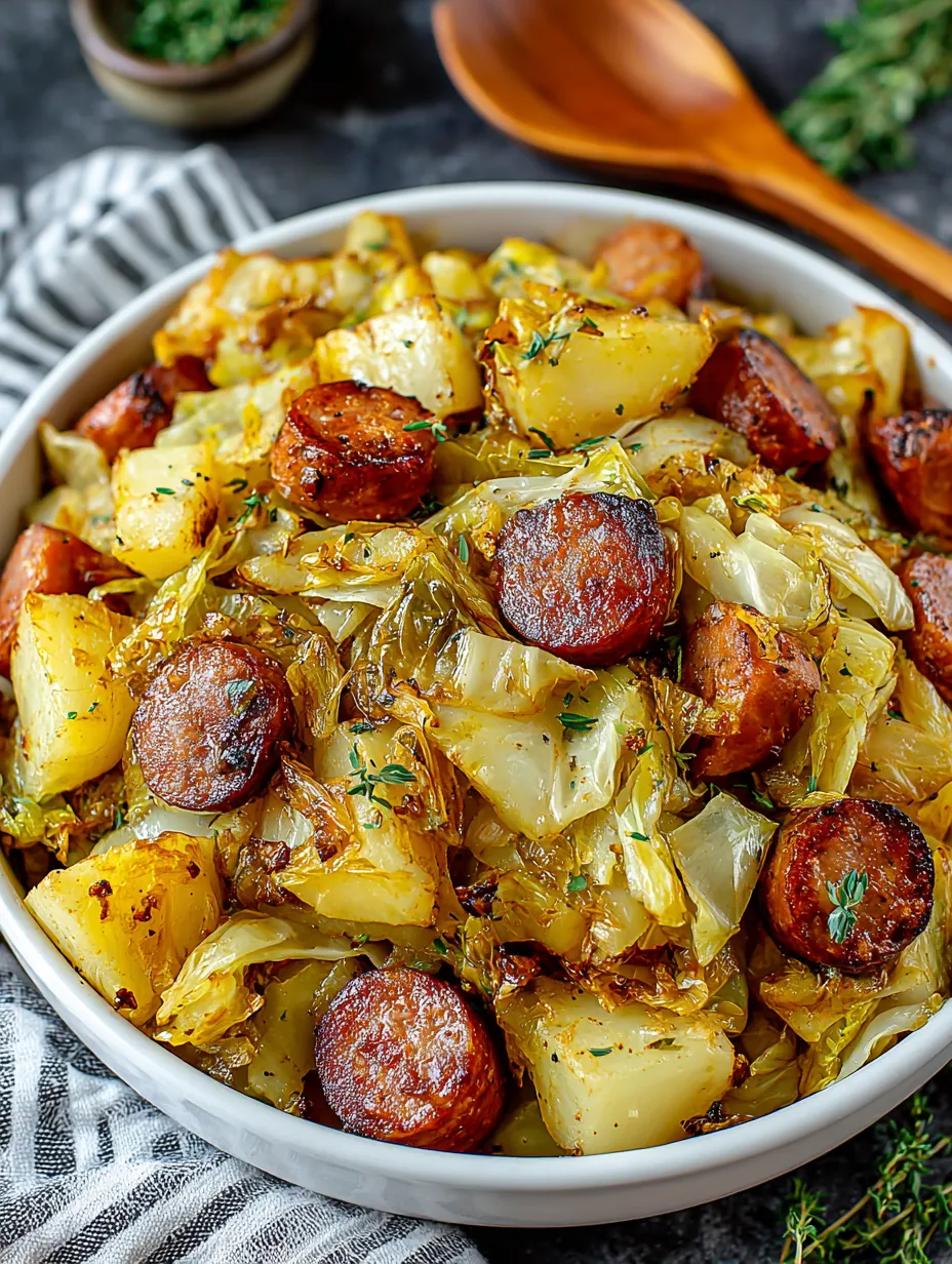A bowl of food with sausage and potatoes.