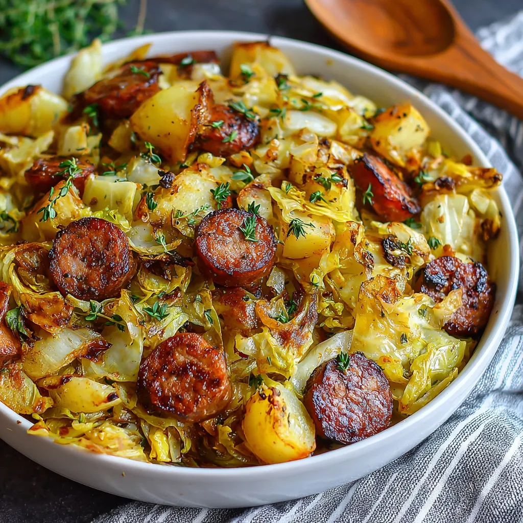 A white bowl filled with sausage, potatoes, and cabbage.