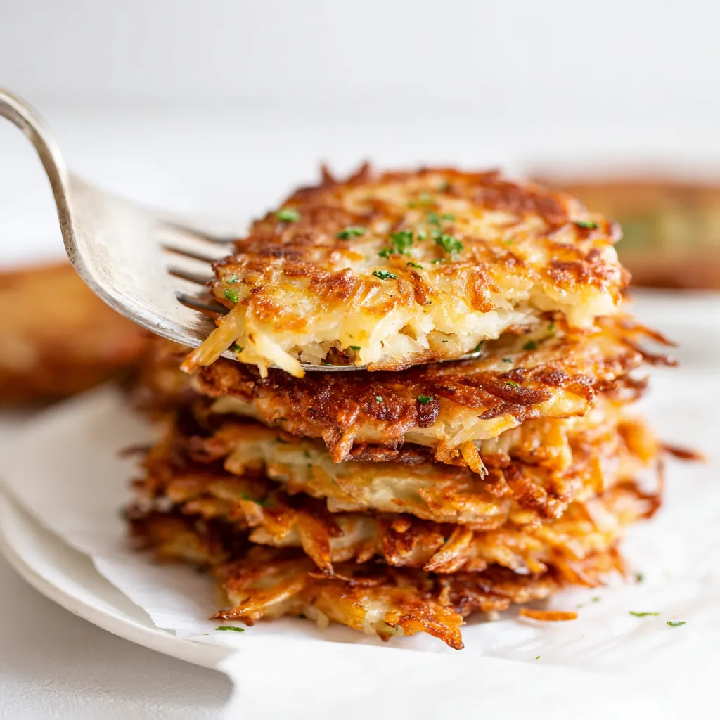 A fork is holding a stack of pancakes.