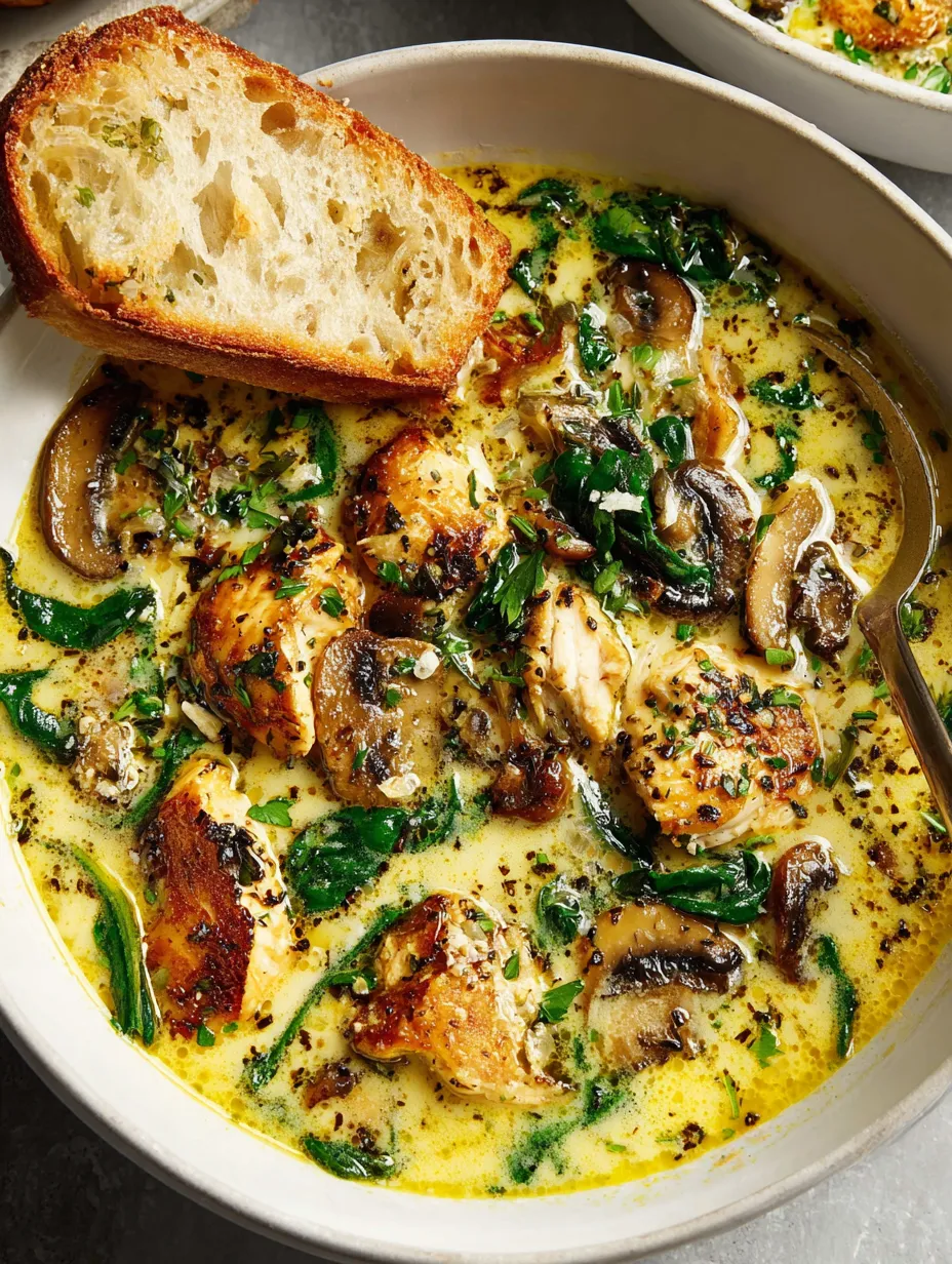 A bowl of soup with chicken and mushrooms.