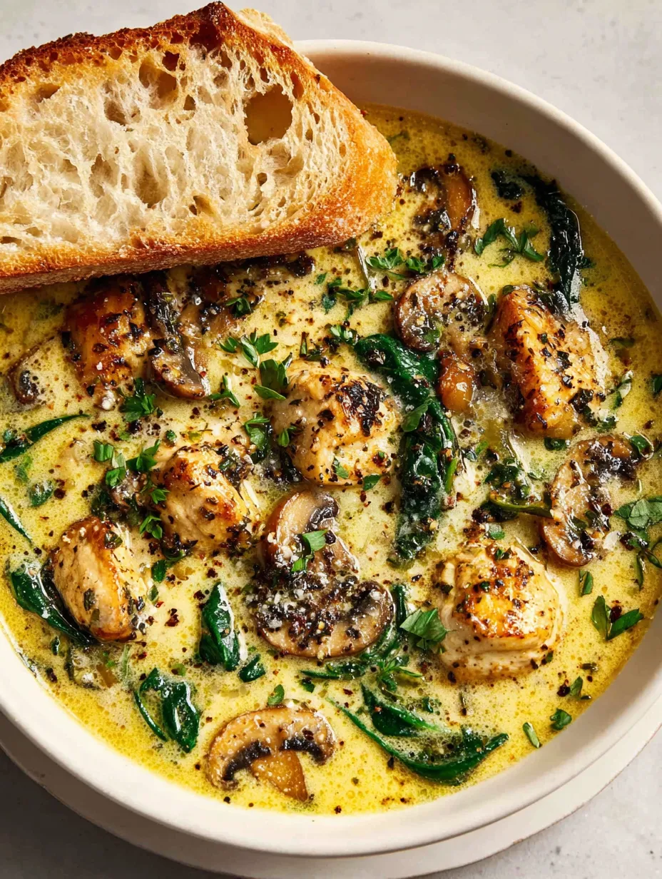 A bowl of soup with mushrooms and bread.