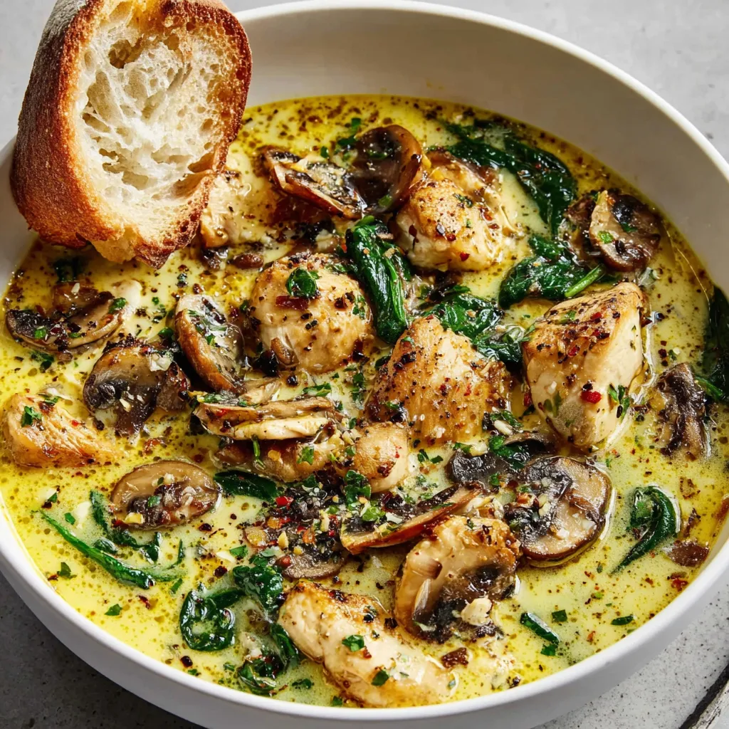 A bowl of soup with chicken, mushrooms, and greens.
