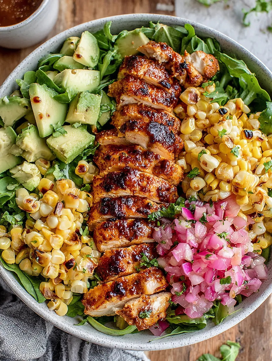 A bowl of food with chicken, corn, and avocado.