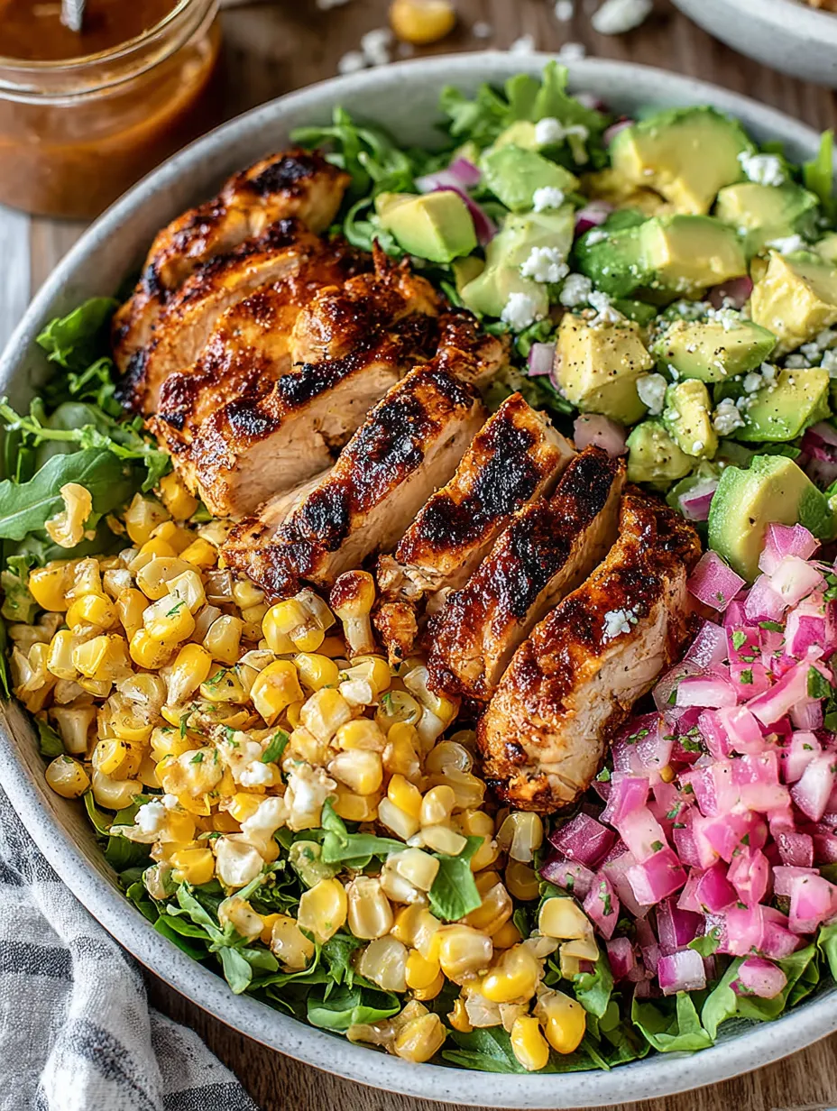A bowl of food with chicken, corn, avocado, and onions.