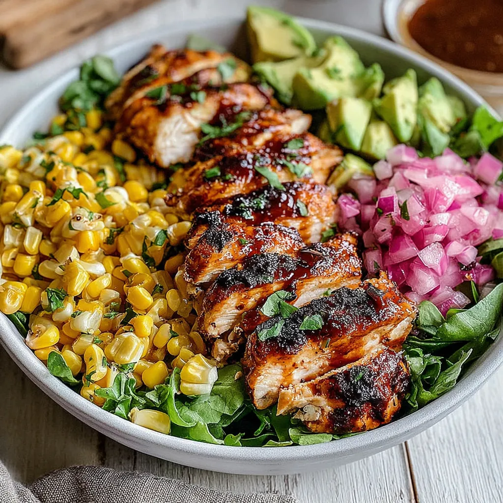 A plate of food with chicken, corn, avocado, and onions.