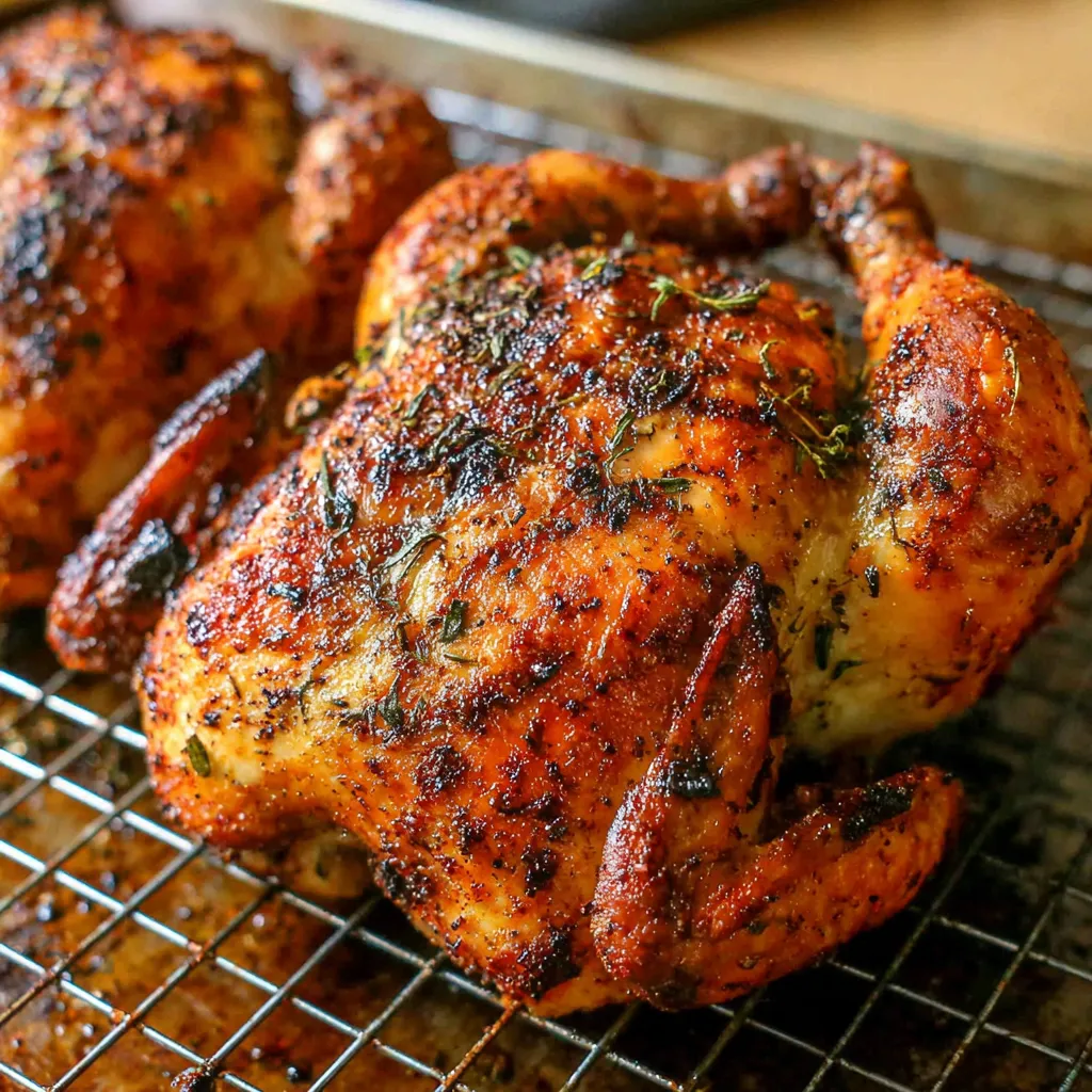 Two pieces of chicken on a wire rack.