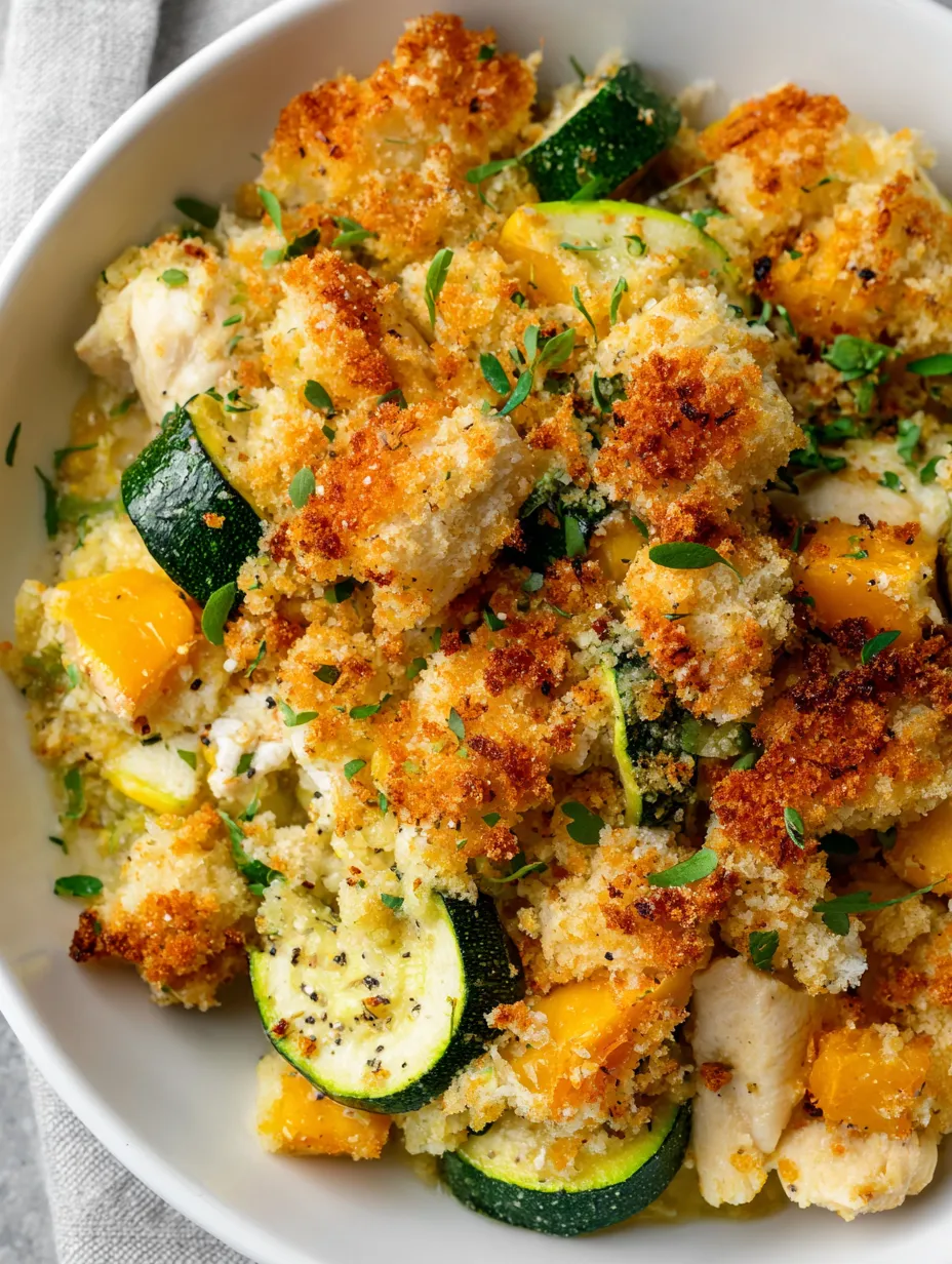 A bowl of food with chicken, zucchini, and cheese.