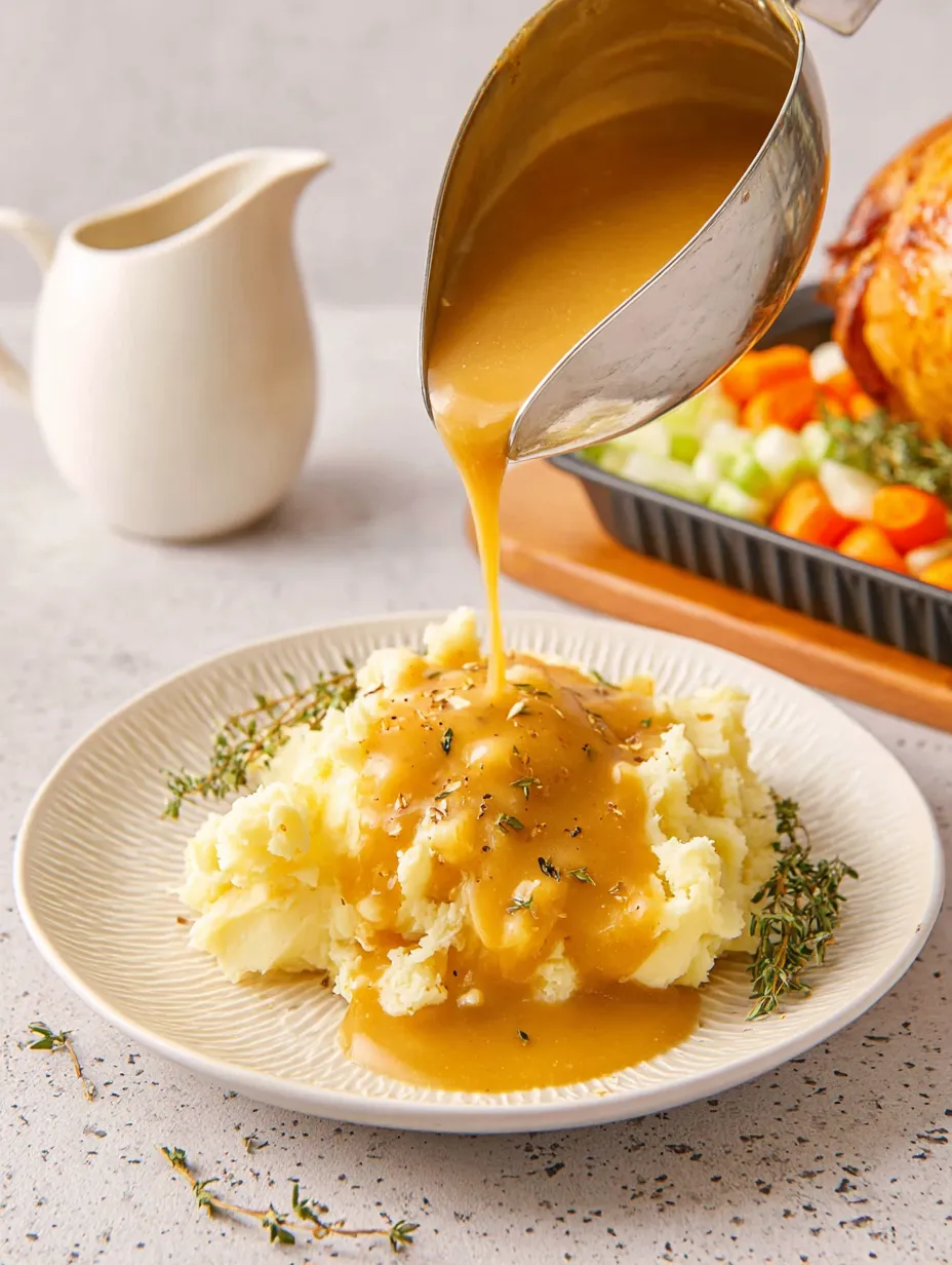 A plate of mashed potatoes with gravy.