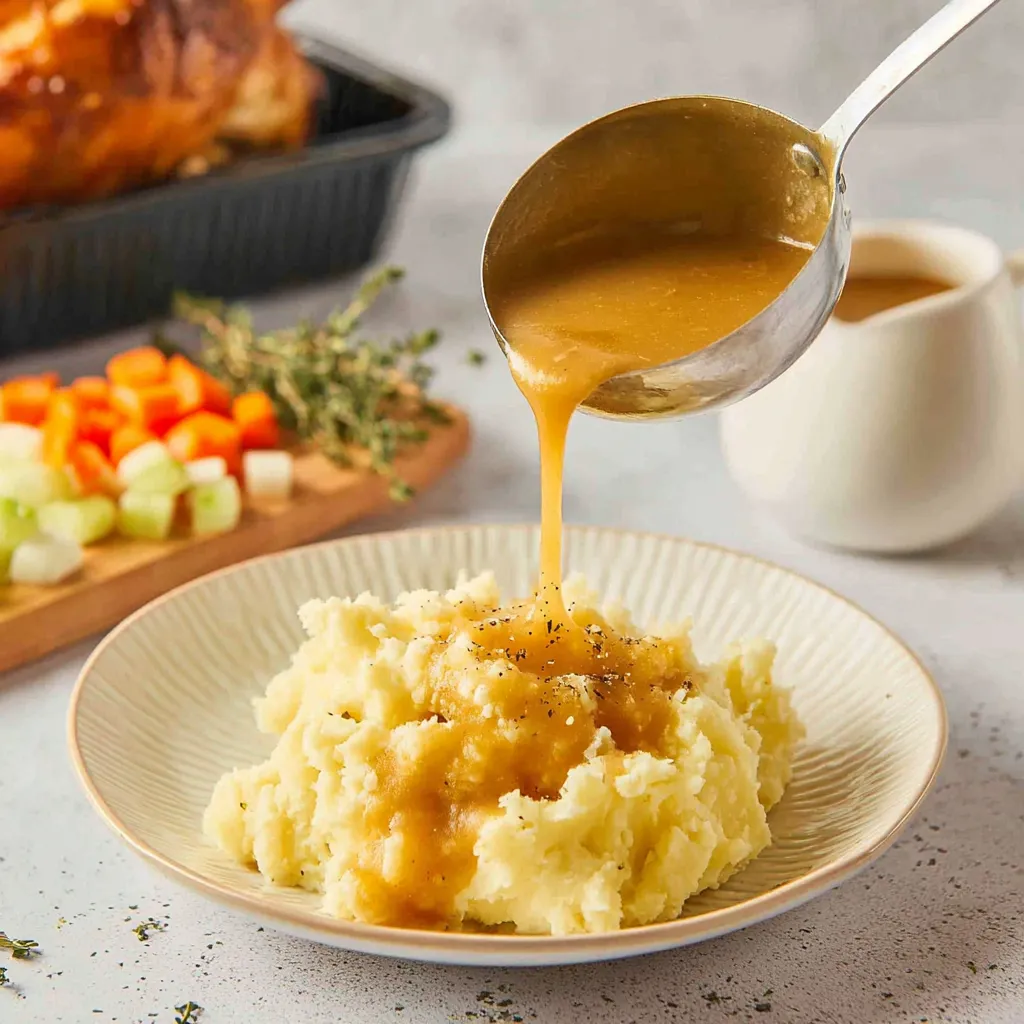 A spoonful of gravy is being poured over mashed potatoes.