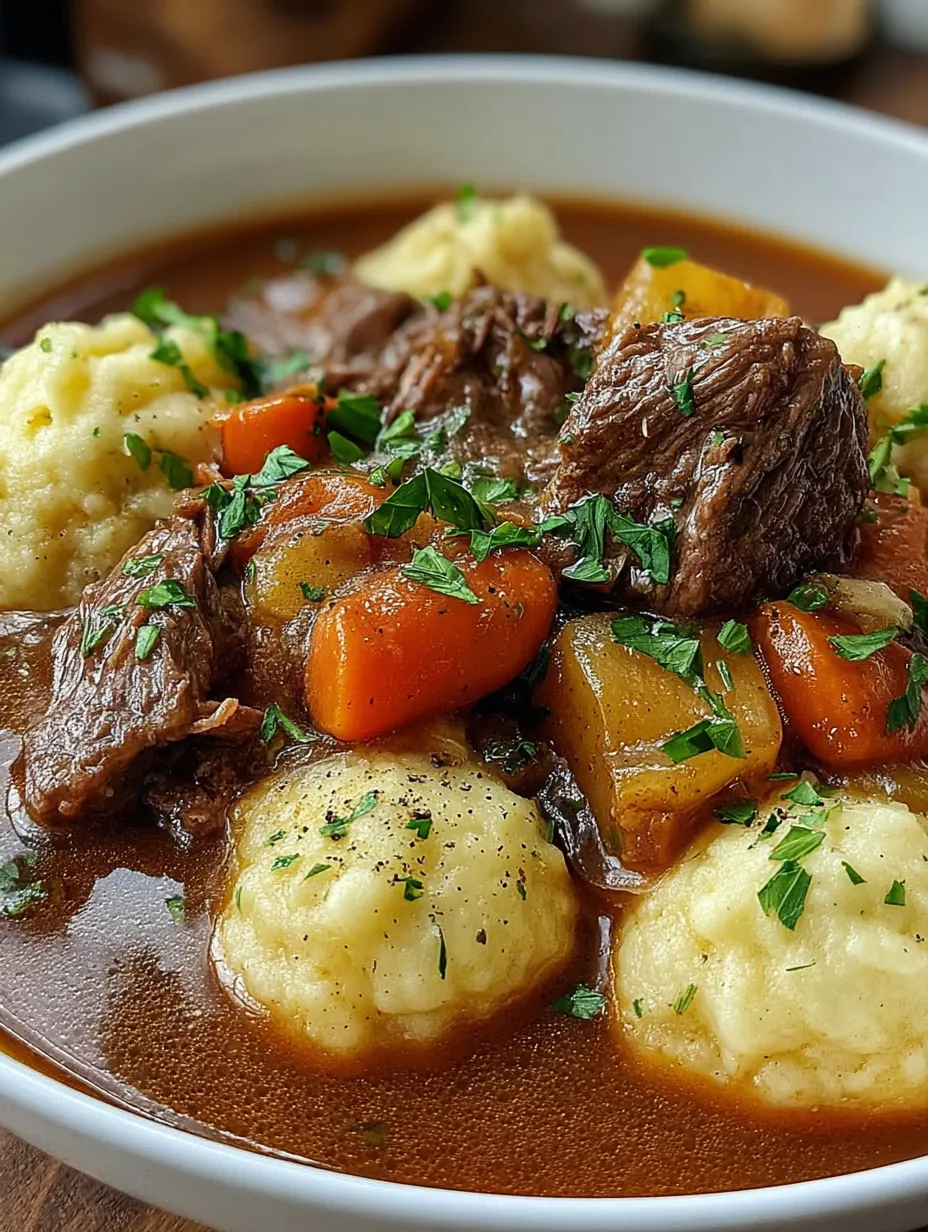 A bowl of stew with meat and vegetables.