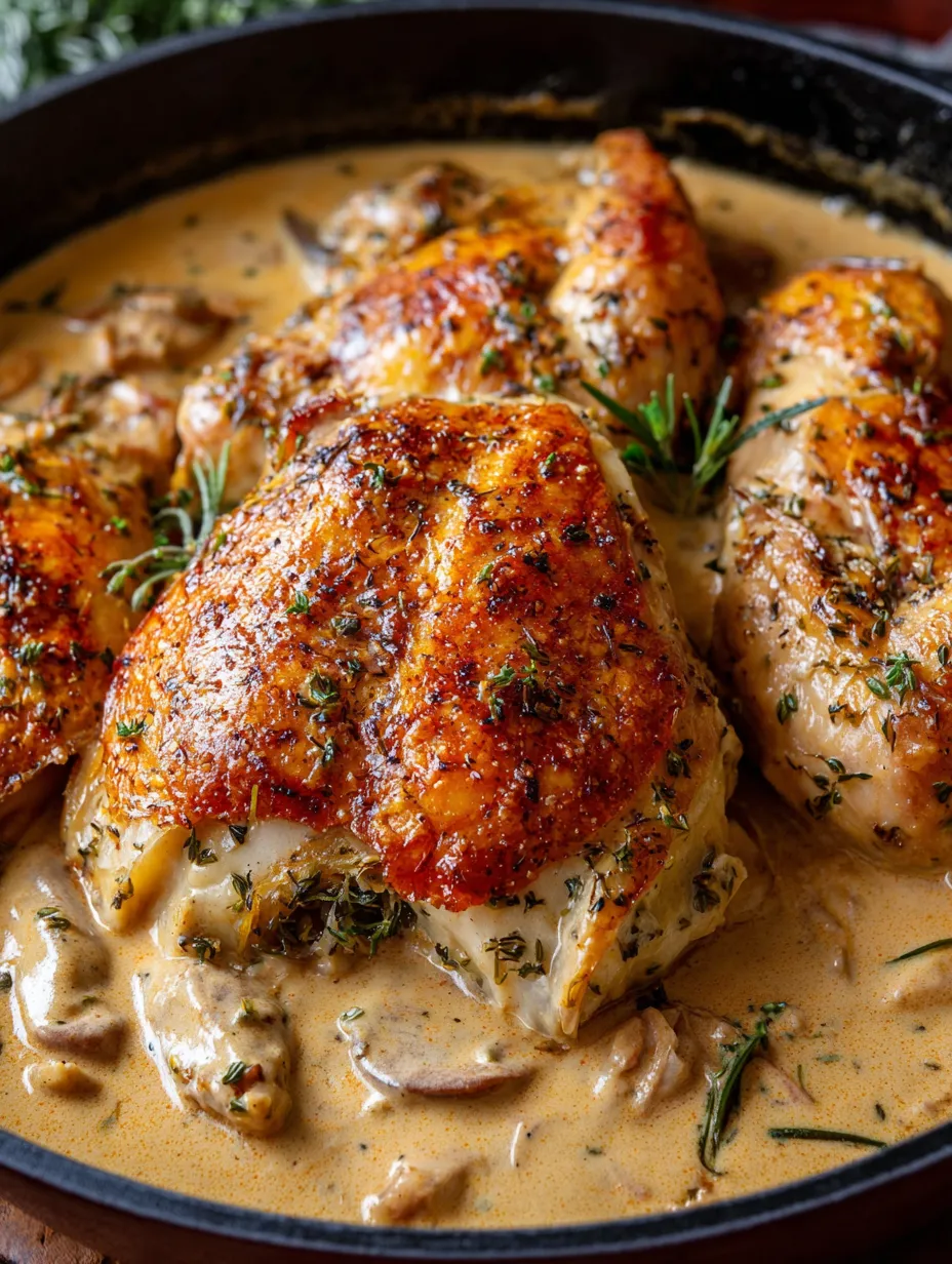 Chicken with mushrooms and herbs.