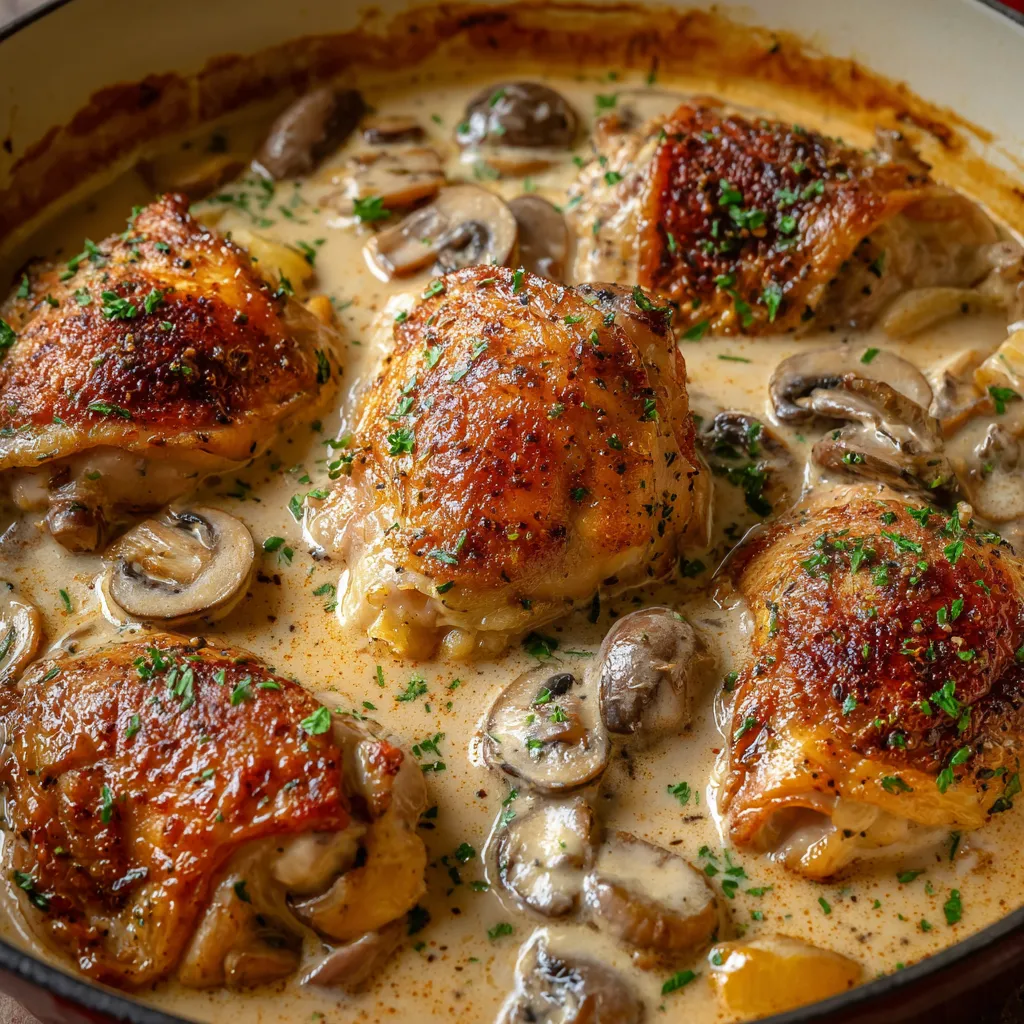A bowl of chicken and mushrooms.