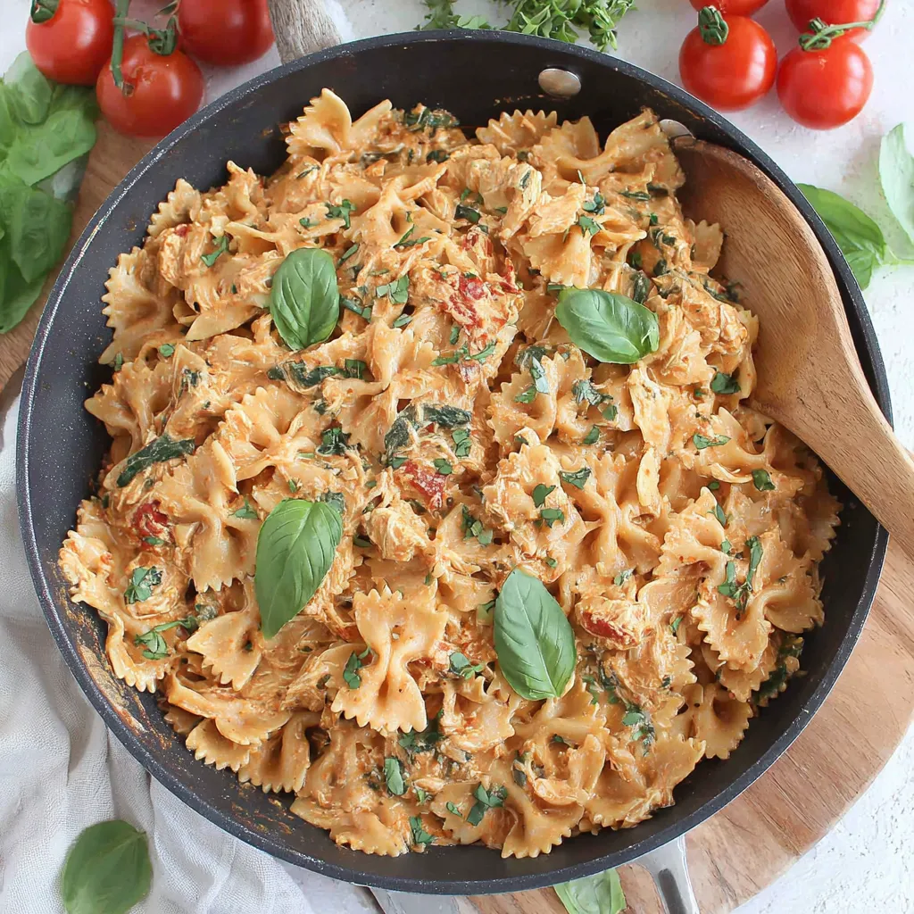 A bowl of pasta with tomatoes and spinach.