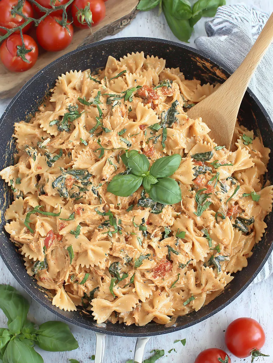 A bowl of pasta with tomatoes and spinach.
